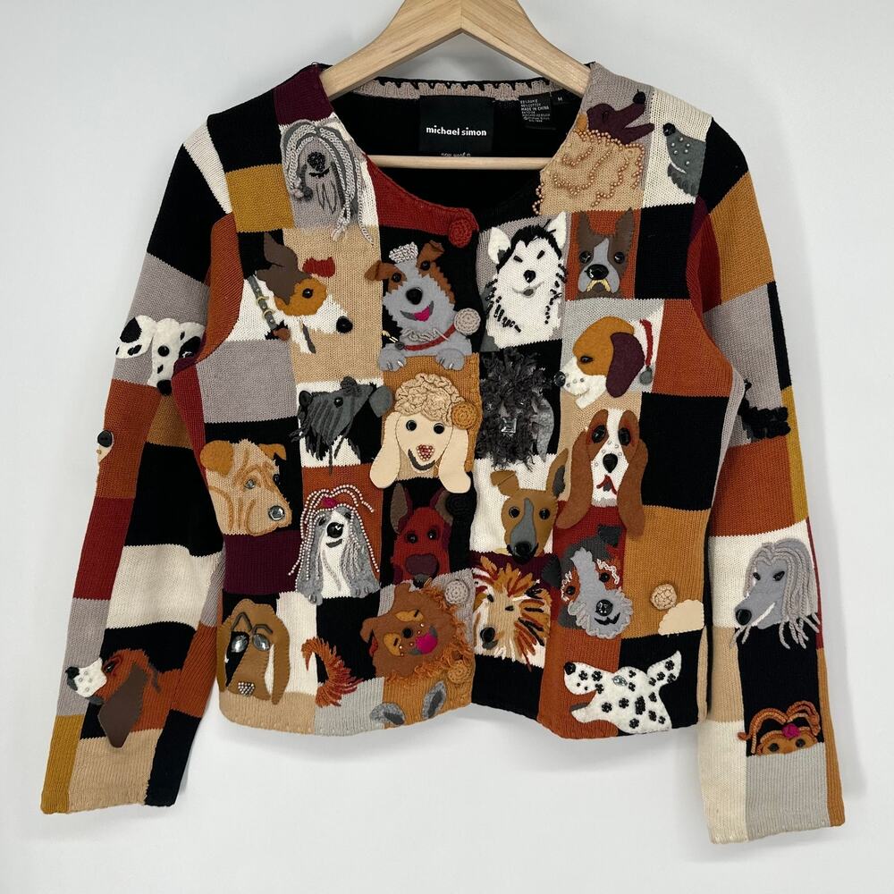 Michael Simon Vintage 90’s Dog Lover Patchwork Cardigan Sweater Beaded Novelty - Picture 13 of 13